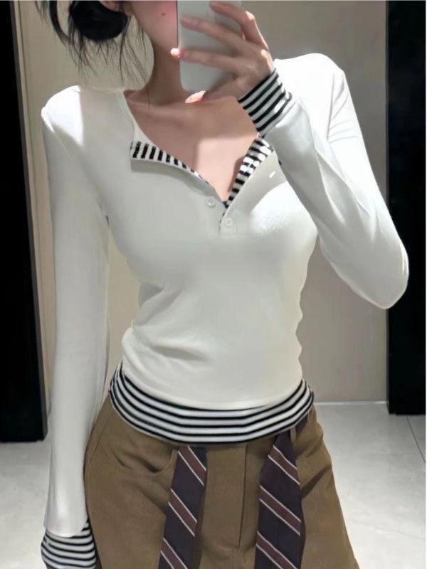 2025 Women's Autumn/Winter Striped Color Block Long-Sleeve Patchwork Two-in-One T-Shirt