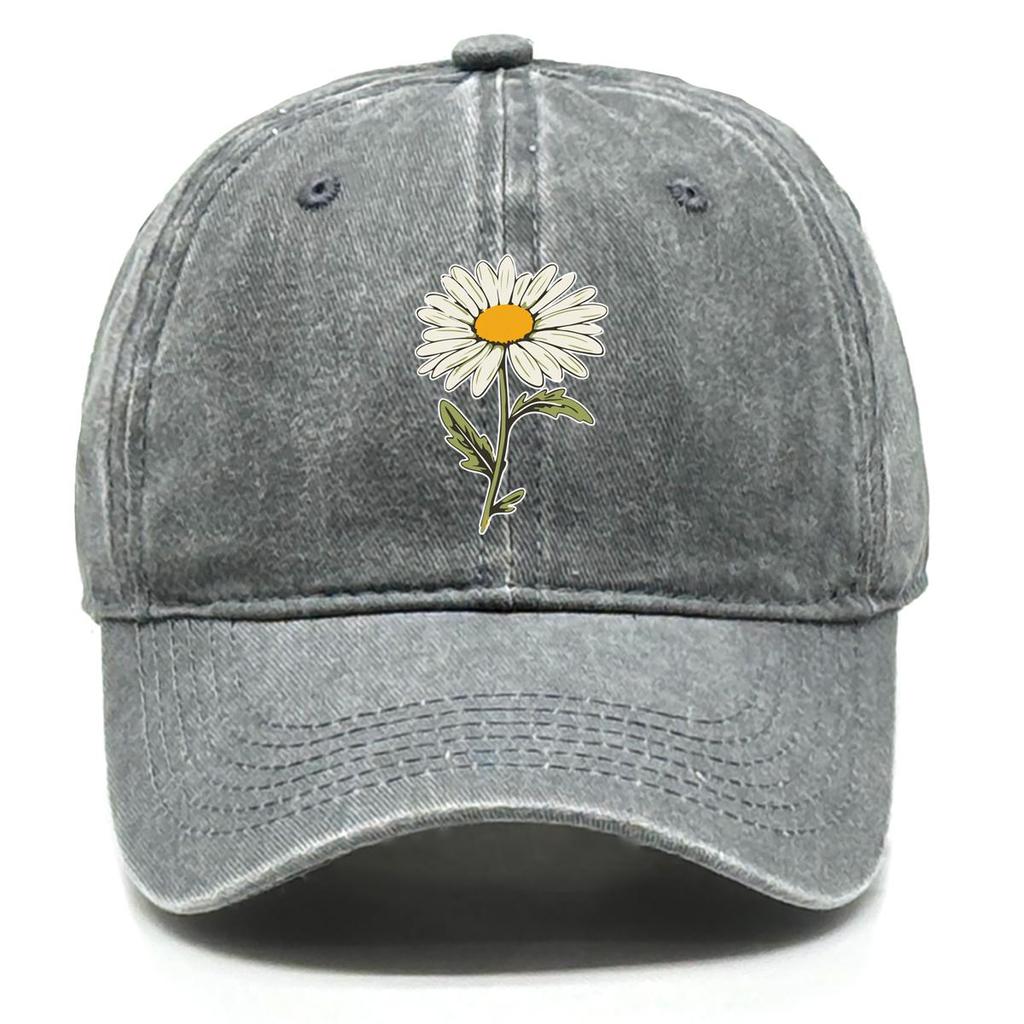 White Daisy Print Adjustable Sun Hat, Flower Sports Hat Cotton Inelastic Sun Protective Cozy Snapback Baseball Cap