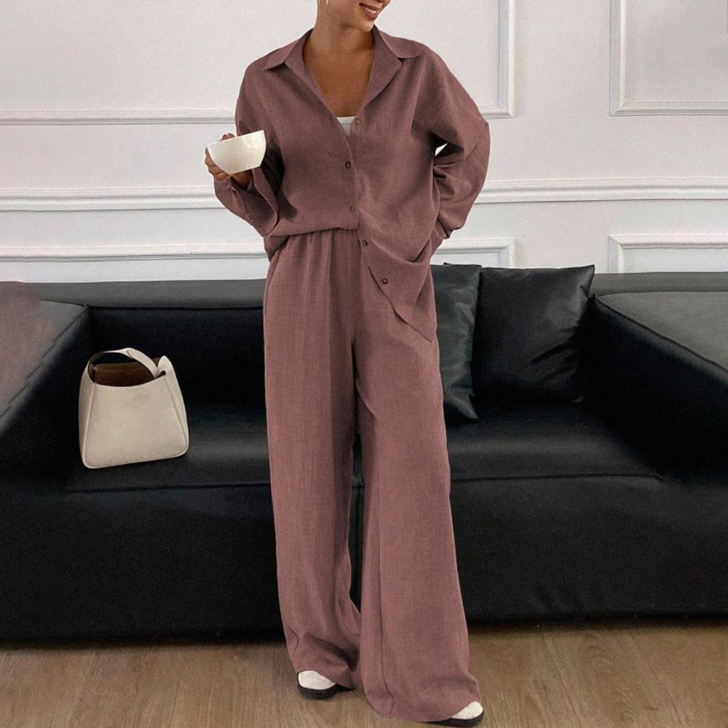 Женский повседневный костюм свободного кроя, хлопковая и льняная рубашка с длинным рукавом, брюки, комплект из двух предметов