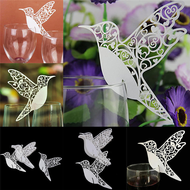 Птица Свадебные карточки с именами для бокалов вина лазерная резка на перламутровой карточке