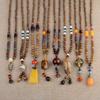 Retro Ethnic Cotton Linen Pendant Necklace with Wood Beads and Bodhi Charm