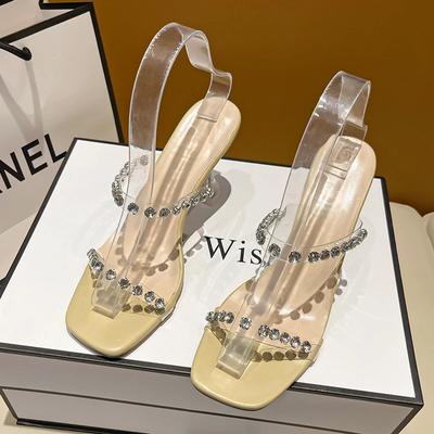 2024 Летняя мода Новые повседневные тапочки с квадратным носком из хрусталя Однотонные женские сандалии из ПВХ Сексуальные банкетные удобные туфли на высоком каблуке