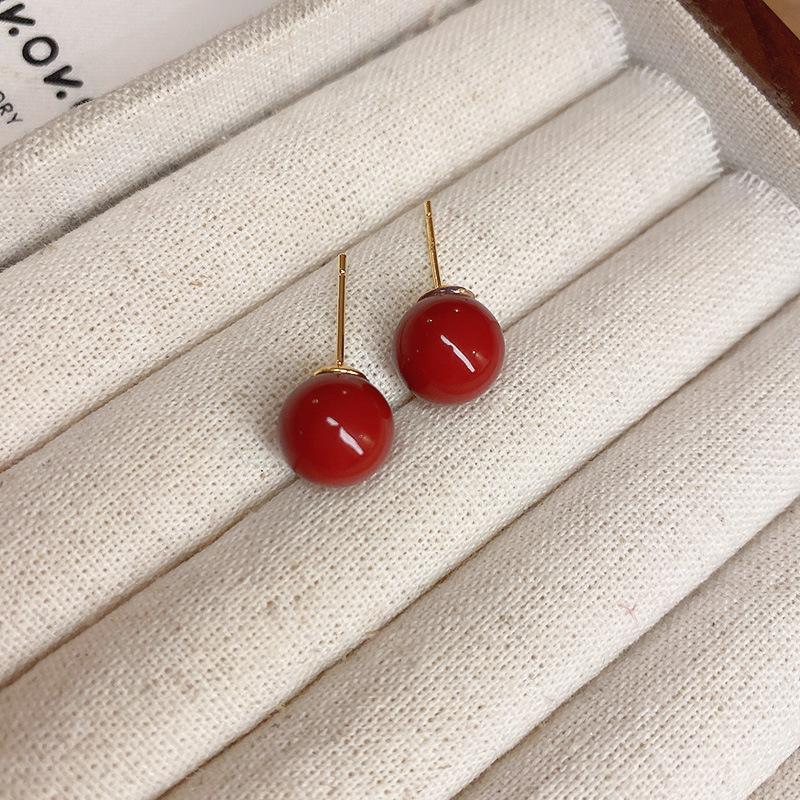 Ankara Red Stud Earrings: Silver Needle Drip Oil, Simple and Versatile Fashion for Women.