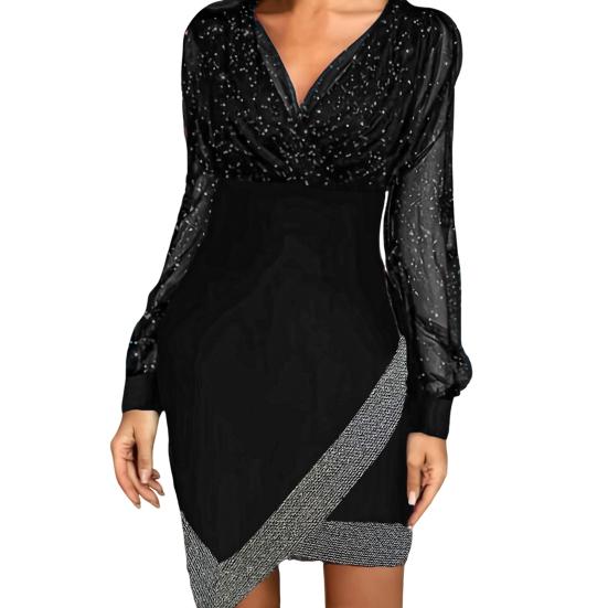 Женское платье весна-осень с V-образным вырезом, рукавами-фонариками, неровным подолом, прозрачной сеткой, пайетками, в стиле пэчворк, сверху