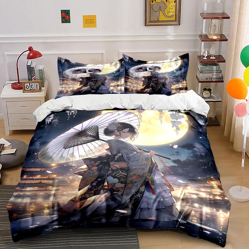 Kimono-clad girl under full moon Print Bedding Set 1 Duvet Cover 2 Pillowcases for Adult and Children Luxury Gift Full Size