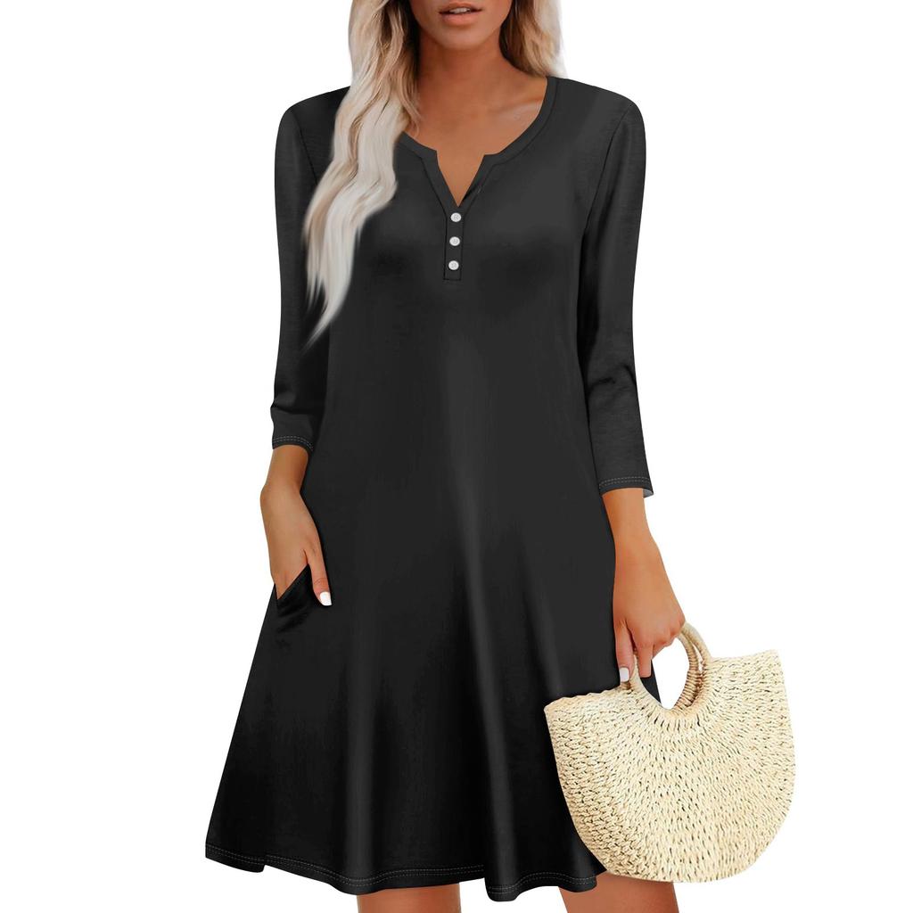 Women's Summer Dress Loose V Neck Three-quarter Sleeve Sundress With Pockets Dress