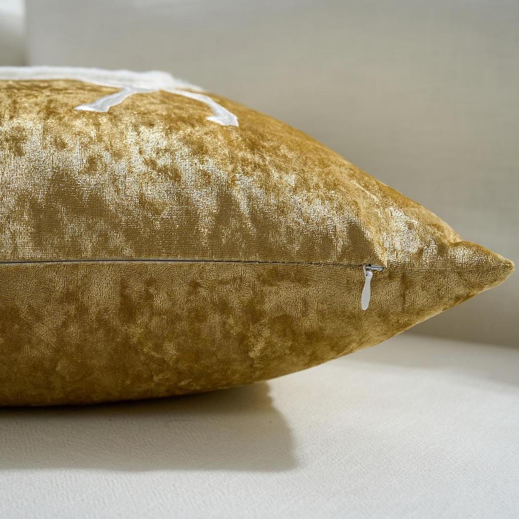 Gold Pillowcase with Reindeer and Snowflake Embroidery - Christmas Cushion Cover