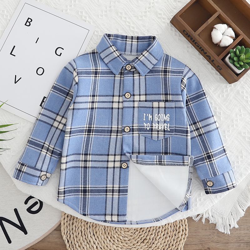Рубашка из плюша для мальчиков, хлопковая шерсть, теплая рубашка для детей на осень и зиму, клетчатая рубашка, корейская куртка для малышей
