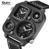 Oulm Men's Quartz Watch with Compass, Large Dial, Dual Time Zone, and Leather Strap