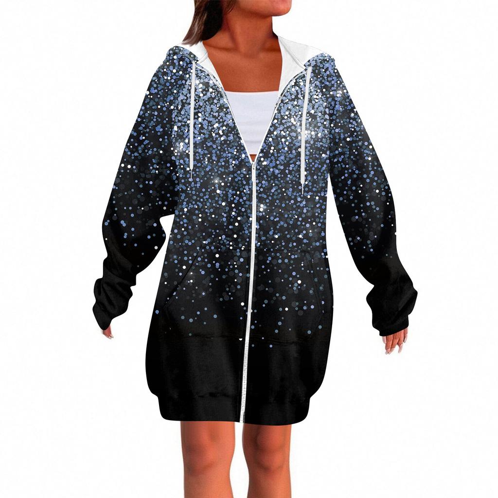 Women's Fashionable Printed Long Sleeved Drawstring Hooded Zipper Pocket Long Casual Sweatshirt Jacket