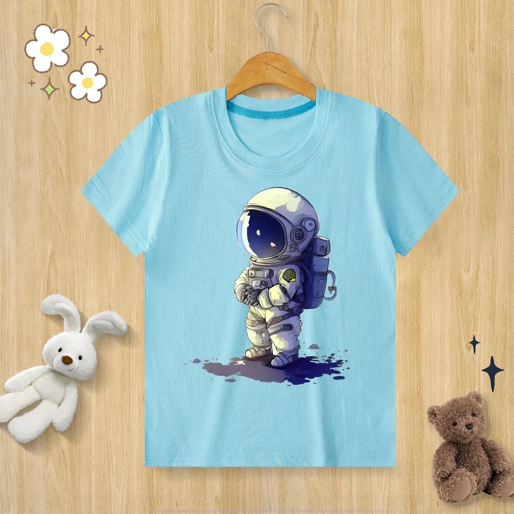Childrens Pure Cotton Tshirt Astronaut Print Tshirt  Oneck Short Sleeve Kids Clothes Boys Clothes Girls Clothes