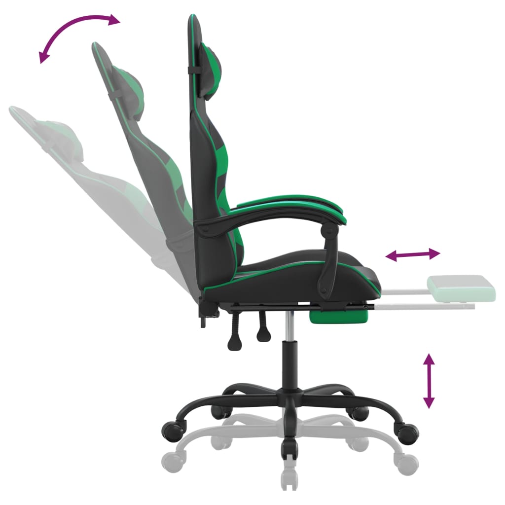 Gaming Chair with Footrest Swivel Black & Green Faux Leather