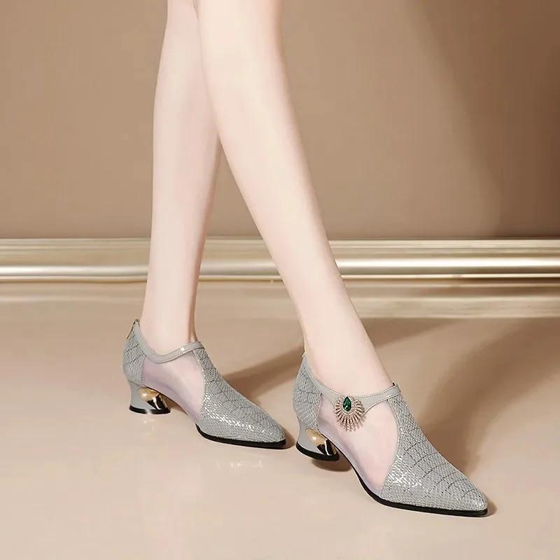 Модные дышащие весенне-летние туфли с сеткой на квадратном каблуке для женщин, милые женские туфли-лодочки