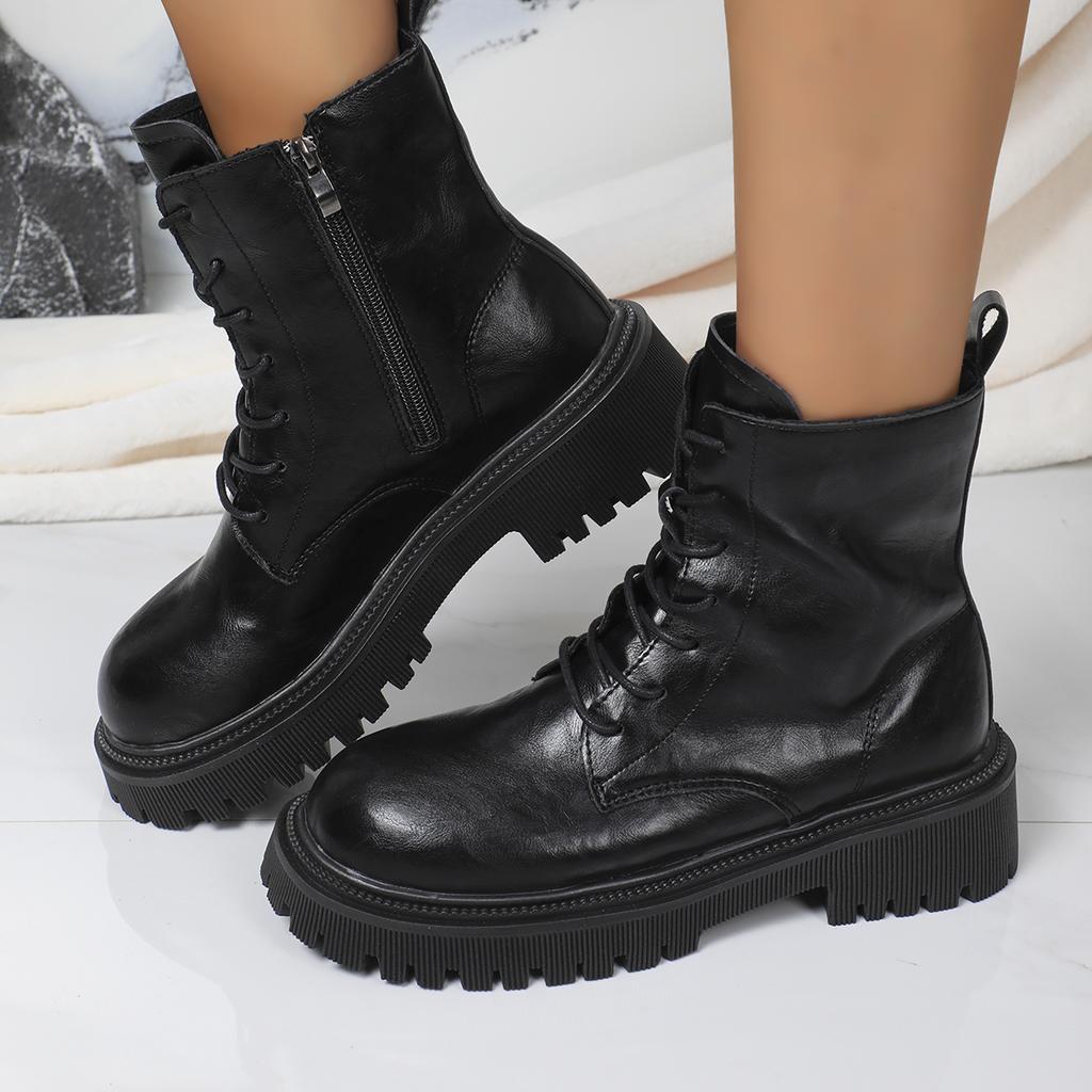 Мода Модные ботильоны на платформе для женщин 2024 осень-зима PU кожаные армейские ботинки женские толстые подошвы нескользящие мотоциклетные ботинки
