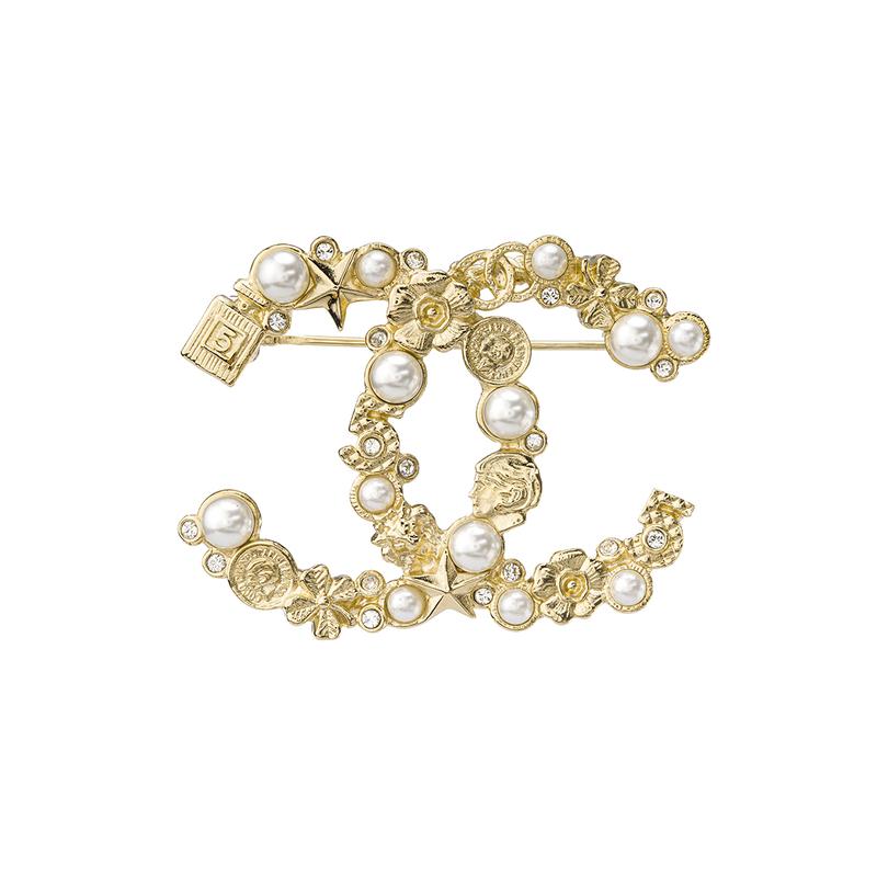 Chanel Броши Двойное C логотип флакон духов четырехлистник мульти-элемент искусственный жемчуг брошь женская золотая