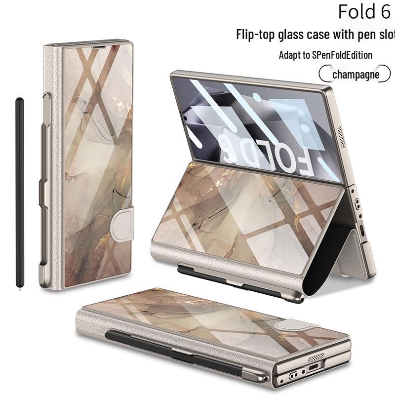 Кожаный чехол-книжка Samsung Z Fold 6 со слотом для стилуса и стеклянной крышкой – Стильный и деловой.