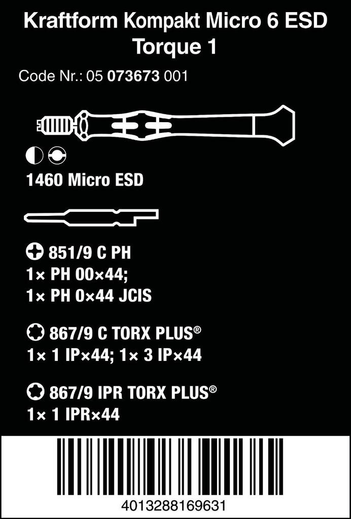 Wera 1460 Craftform Micro ESD Torque Driver Set (Product Code 073673)