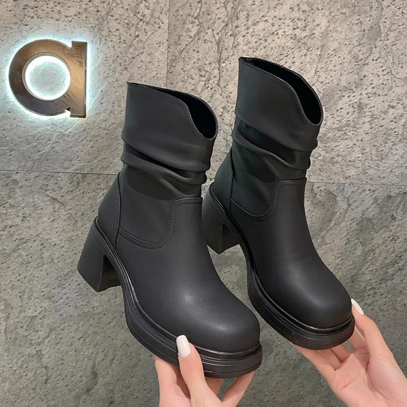 Короткие сапоги в ретро-британском стиле 2024 года, новые осенние сапоги средней длины со складками, минималистичные женские туфли, сапоги на платформе, Zapatos De Mujer