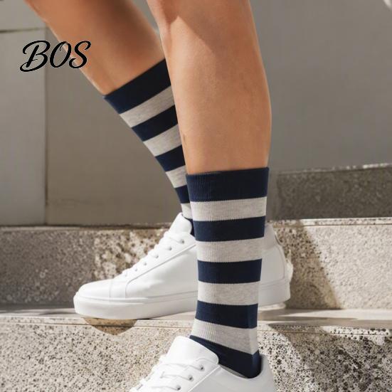 Essential Basic Trouser Socks 1 Pair Men's Stripe Crew Socks, Mid-Calf Dress for Business, Comfortable Business Casual Breathable Cotton with