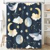 Whimsical Moon Star Print Shower Curtain Navy Blue Background with Whales, Clouds Constellations Perfect for Bath Decor!