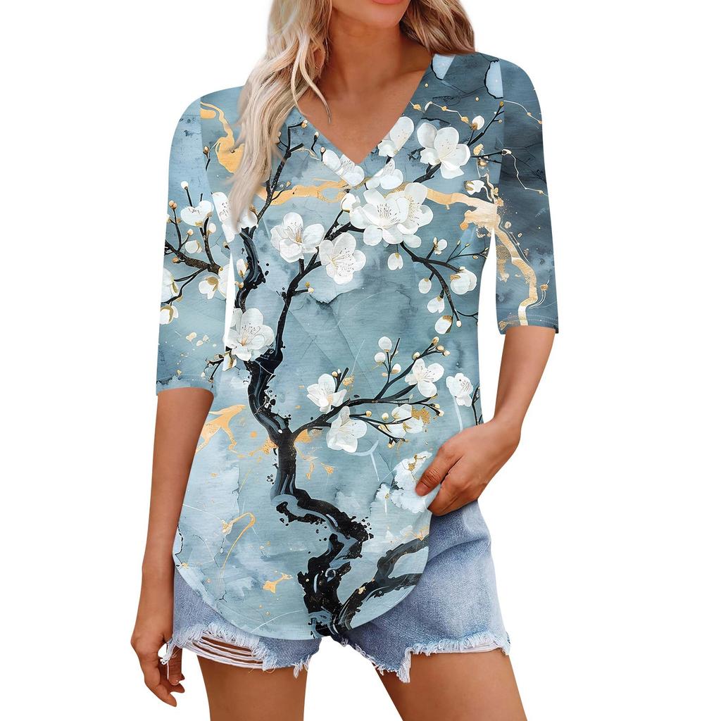 Shirts For Women Trendy V Neck T Shirts Casual Printed Blouse Half Sleeve Tops For Women