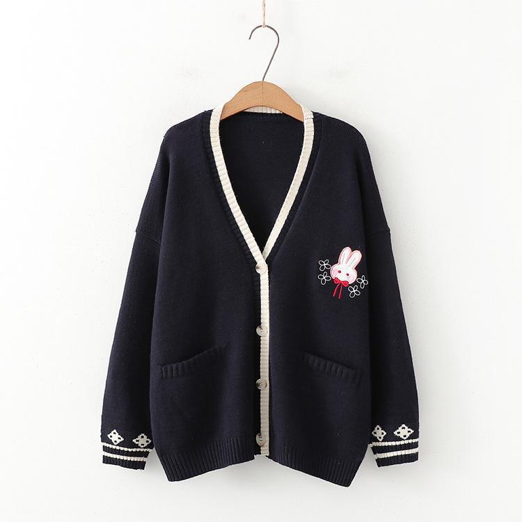 Осенний корейский Mori Girl Sweet Sweater Lolita Cute Bunny Вышитый вязаный топ Японский женский кардиган с длинным рукавом Пальто Трикотаж
