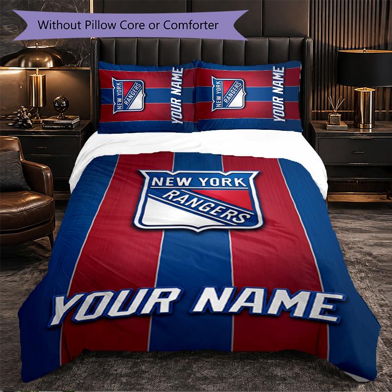 New York Rangers Customized Name Text Bedding Set, 1 Duvet Cover & 2 Pillowcases Personalized Bedroom Gift