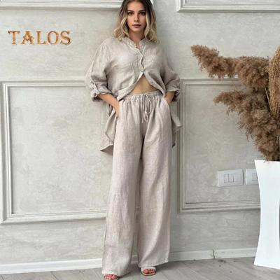 Комплект из 2 предметов: рубашка, брюки, осенне-весенний женский комплект, блузка с длинными рукавами, воротник-стойка, застежка на пуговицы, брюки с эластичной резинкой на талии, спортивный брючный костюм для поездок на работу