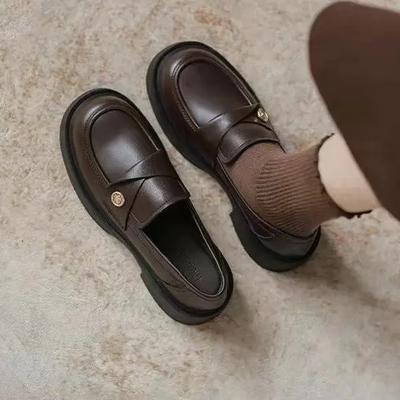 Модные женские лоферы Весна Осень Ретро Мода Коричневые Противоскользящие С круглым носком Элегантные Уличные Удобные Для работы Банкетные Повседневные туфли