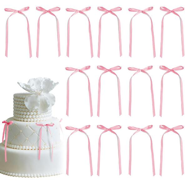 30 Pack Pink Ribbon Bow Cake Toppers Birthday Decorations Coquette Bow Cupcake Toppers for Cake Dessert Wedding Bridal Balloon Wall Party Supplies