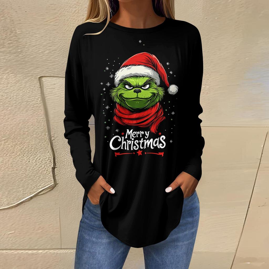 Women's Loose Round Neck Print Long Sleeve T-Shirt Top Pullover