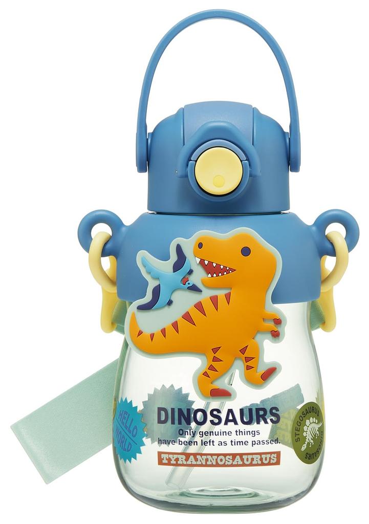 Skater Dinosaur Water Bottle with Rubber Locking and Shoulder Mascot, Straw, 650ml, One-Push Open, Function, Handle, Strap, PRMC7ST-A