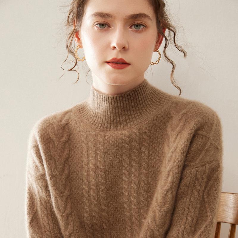 Women's 2025 Cashmere Cable Knit Pullover: Heavyweight, Half-High Collar, Loose, Slimming Sweater.