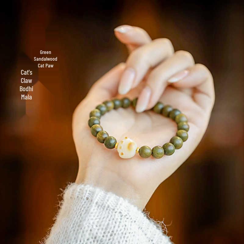 Green Sandalwood Bodhi Root Charred Lucky Cat Paw Women's Bracelet