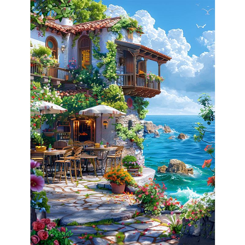 5d DIY Diamond Painting Cross Stitch Seaside Restaurant Scenery Diamond Embroidery Mosaic Full Round Drill Home Decor