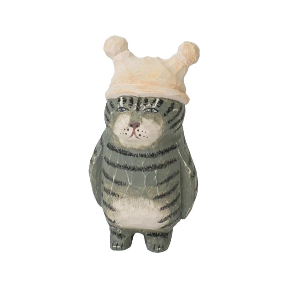 Handmade Wood Carving Cat Ornament Cartoon Cat Figurines Painted Cat Sculpture  Home Decoration