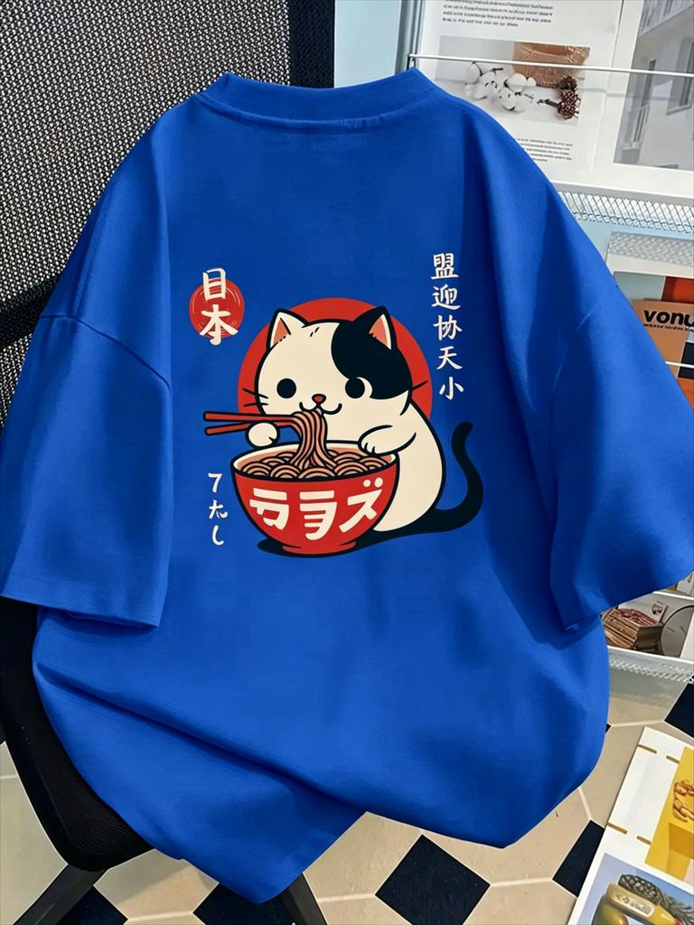 Kawaii Raunisex Cat Graphic T Shirt Japanese Kanji Back Print Harajuku Aesthetic Unisex Loose Casual Short Sleeve Tops