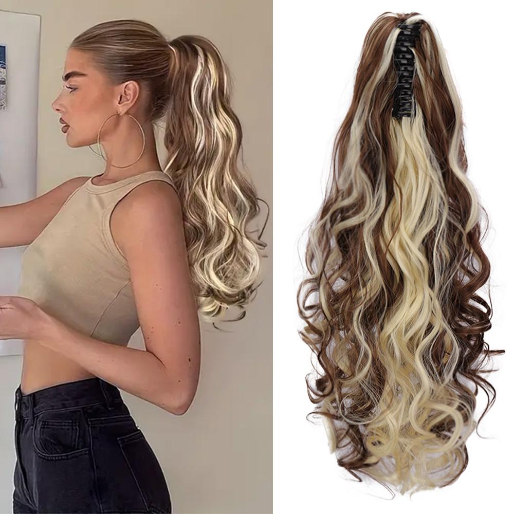 XINRAN Synthetic Long Wavy Brown With Golden Highlights Ponytails Hair Extension Claw Drawstring Ponytails For Women Daily Wear