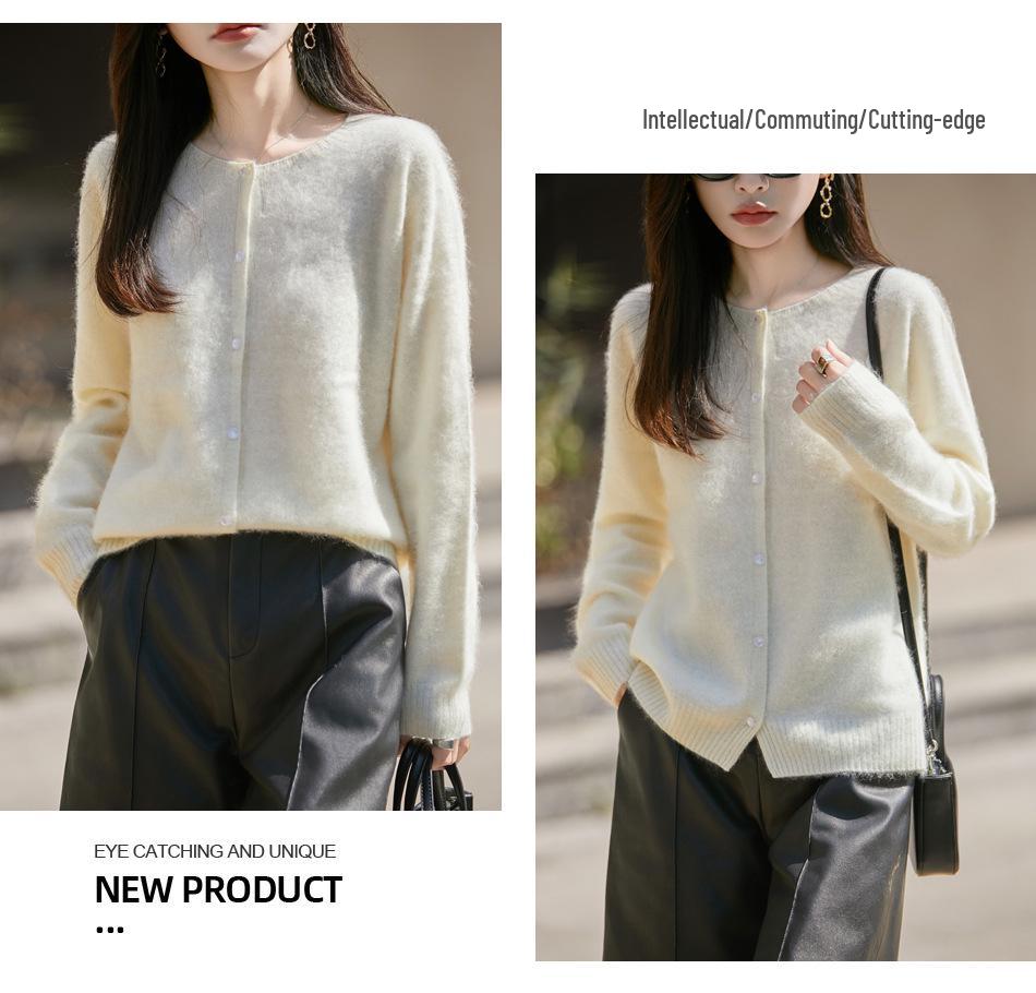 Women's Korean-Style Brushed Wool Cardigan - Round Neck, Chic Knit Outerwear Sweater, New for 2025.