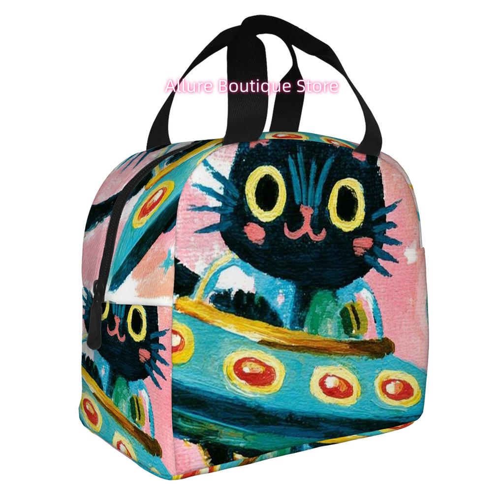 1pc, Black Cat in UFO Printed Thermal Bag, Insulation Bag, Insulated Bag. Not for Food Contact. Suitable for Home, Restaurant, O