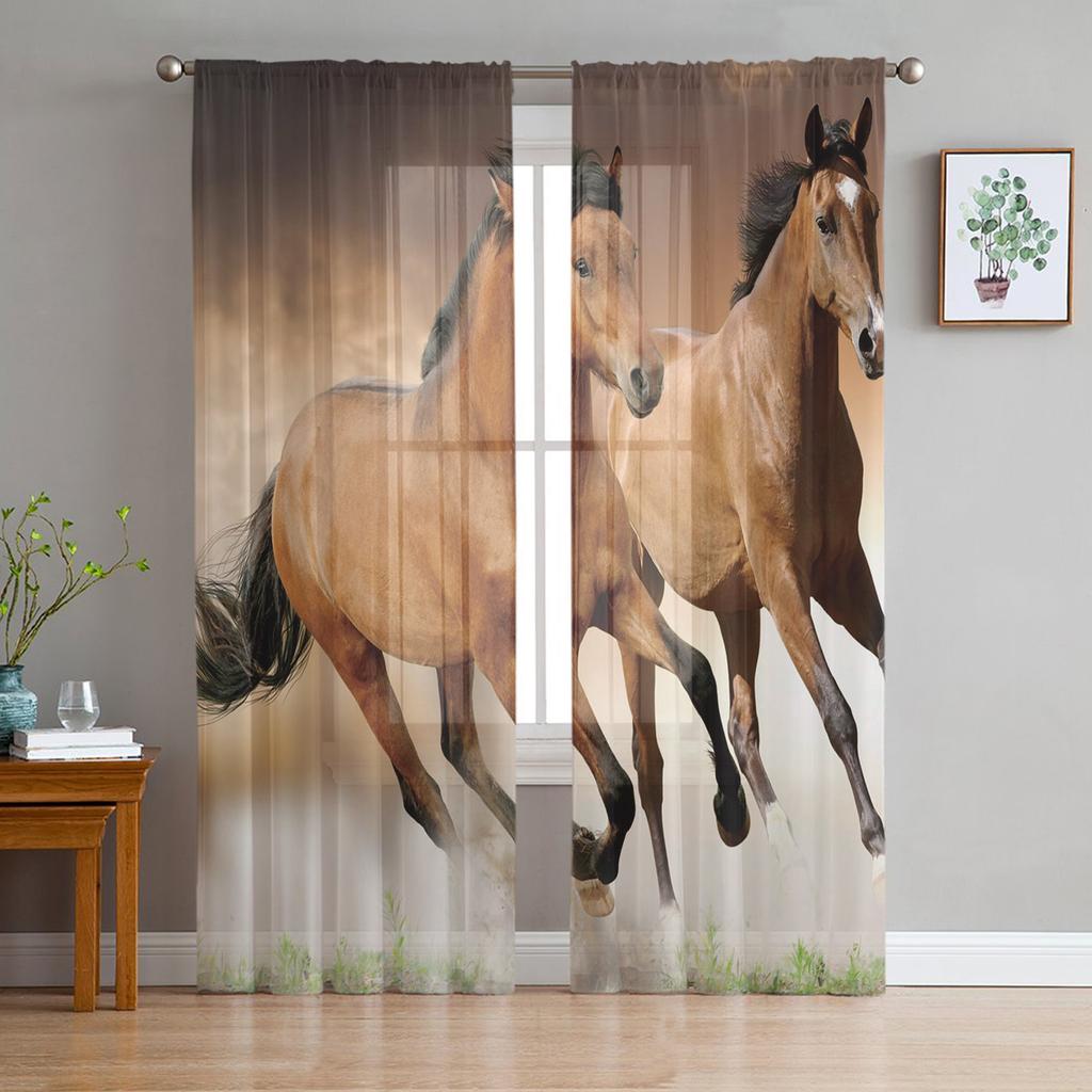 Animal Horse Snow Scene Tulle Voile Curtains For Bedroom Space Space Window Curtain For Living Room Sheer Drapes Shades Organza Drapes Decor