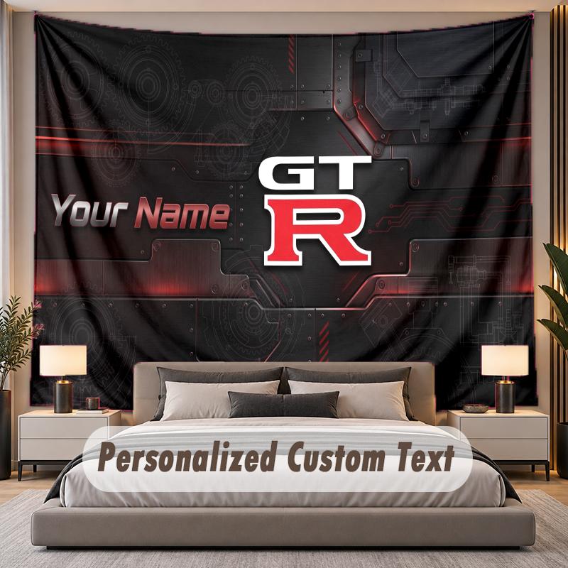 Custom Name Text Tapestry Nissan GT-R Personalized Polyester Wall Tapestry For Bedroom And Room