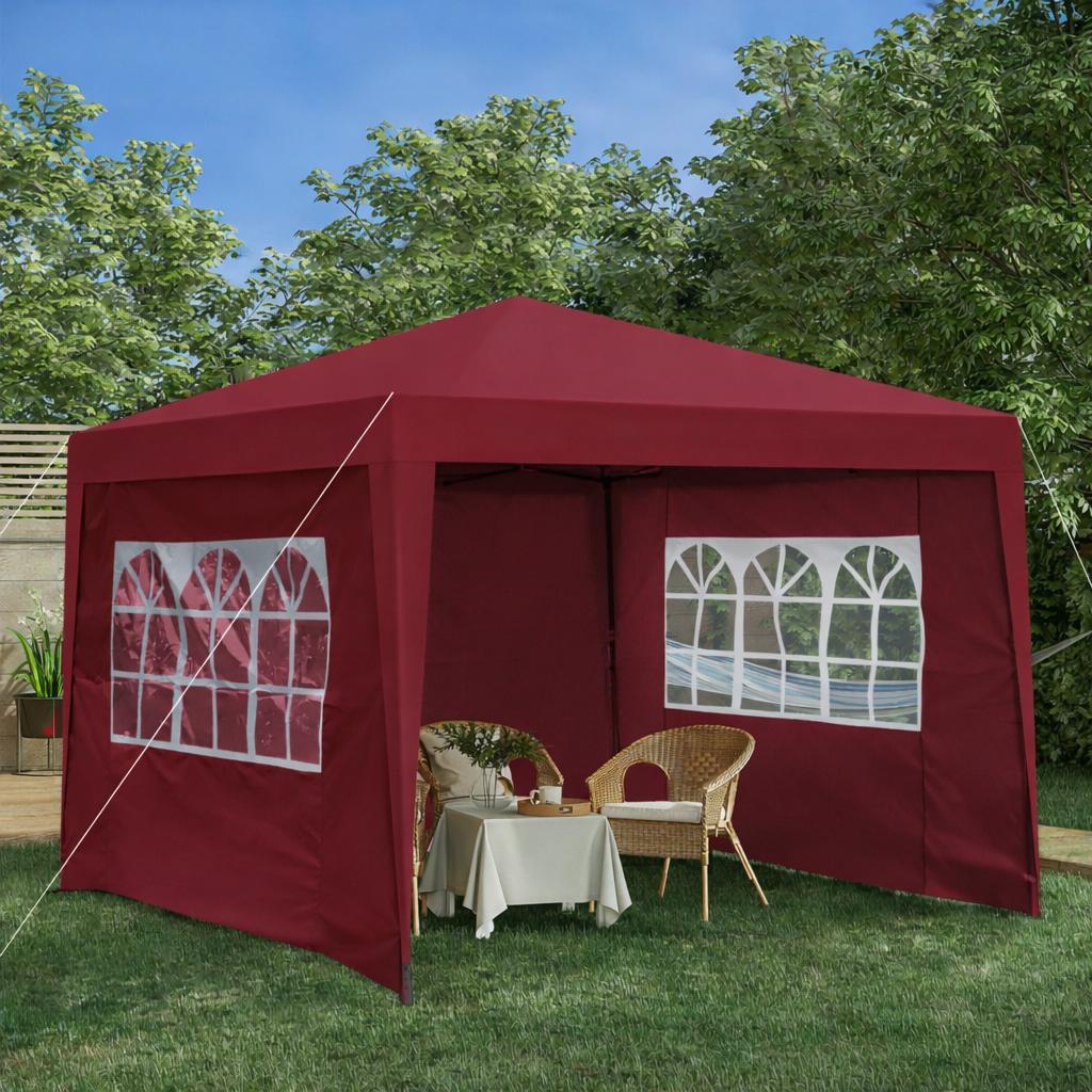 Folding Gazebo 3 x 3 m, waterproof, winter-proof, with 4 side walls, 4 sand bags, UV protection 50+, garden, party, camping, steel frame (Burgundy)