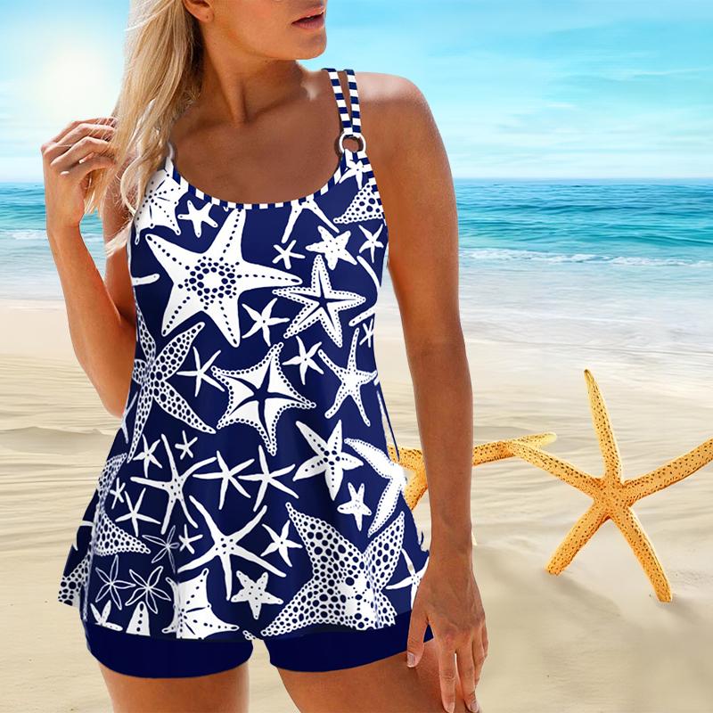 Women's Shoulder Strap Swimsuit with Colorful Aurora Print Bikini Short Tank Top Swimsuit