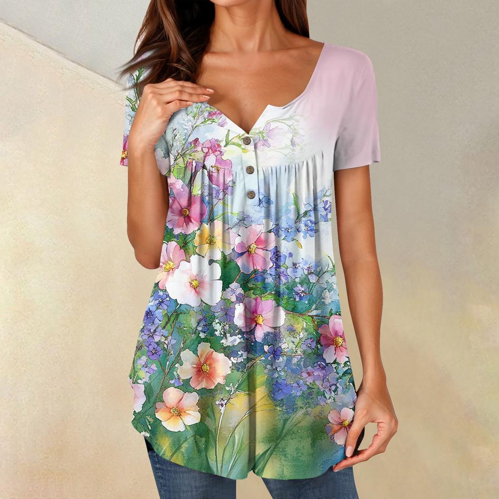 Women Tunic Tops Dressy Casual Summer Short Sleeve Shirts Loose Fit Pleated Boho Top