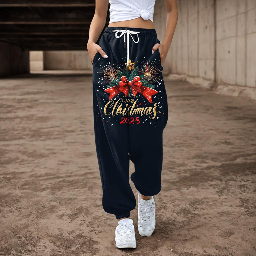 Women's Drawstring Elastic Waist Christmas Printed Casual Pants Sweatpants