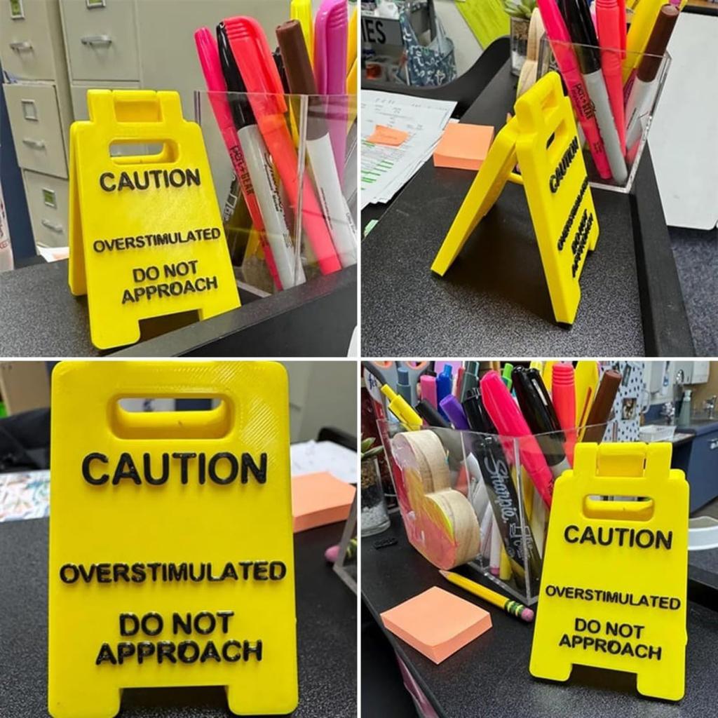 1Pc/2Pcs Caution Overstimulated Desk Sign, 3D Printed Funny Warning Brand Style Desktop Accessories