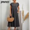 JPNTKY Y Модные Летние Весенние Однотонные Платья с Принтом, Короткий Рукав, Круглый Вырез, Повседневные