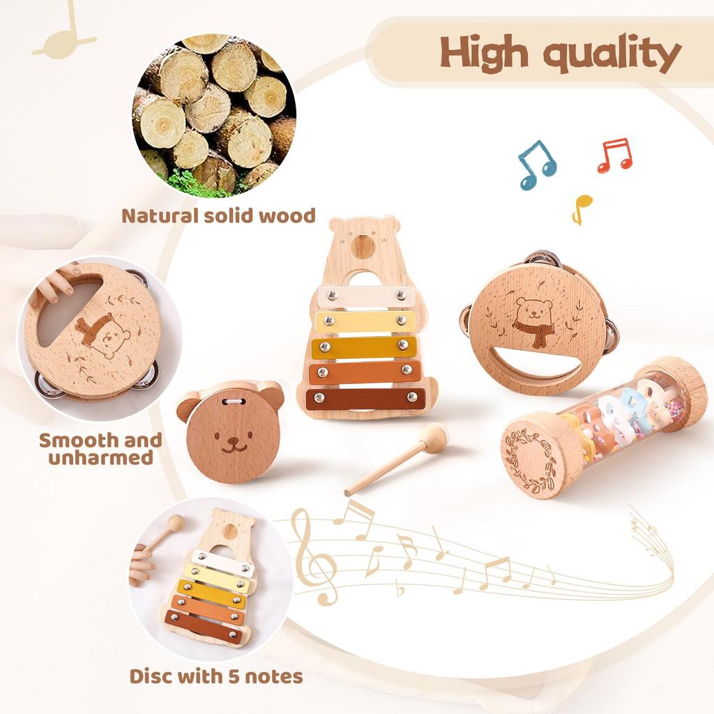 WOODEN TEETHER Musical Instrument Toy Music Enlightenment 4 Piece Set Rattle Wooden Toy Montessori Music Toy Xylophone Castanet Tambourine Rainbow