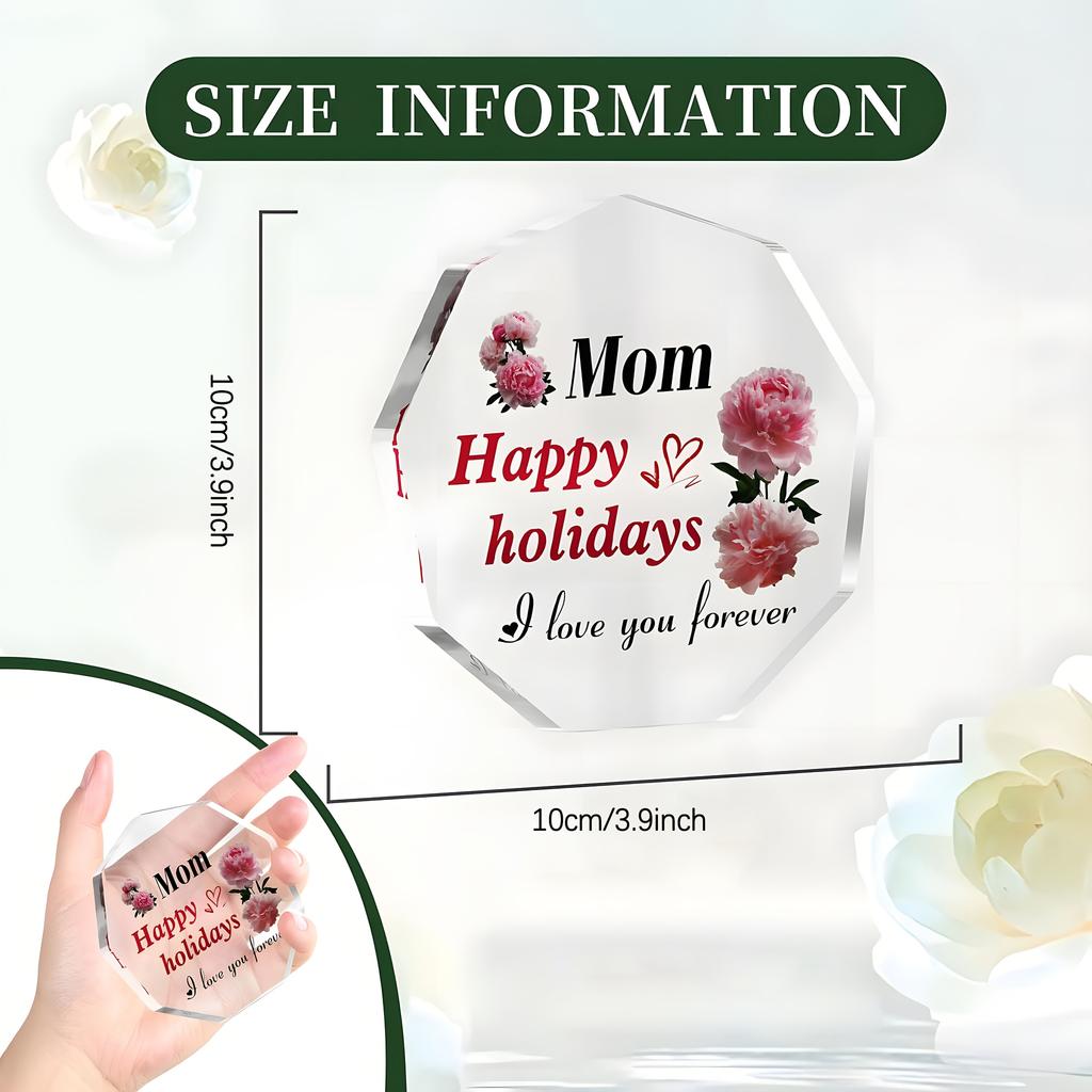 1 Acrylic Block Gift for Mom - Elegant Pink Peonies & Heart Accents, Engraved 'Mom Happy Holidays I Love You Forever' - Modern Decorative Keepsake